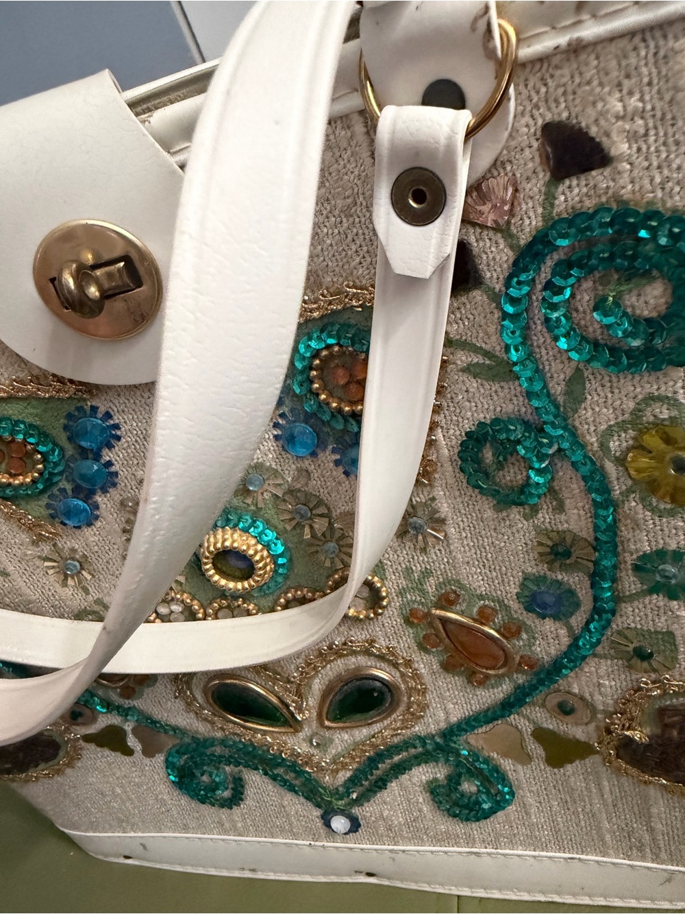 Embroidered White Tote with Teal and Gold Accents - Picture 6 of 12